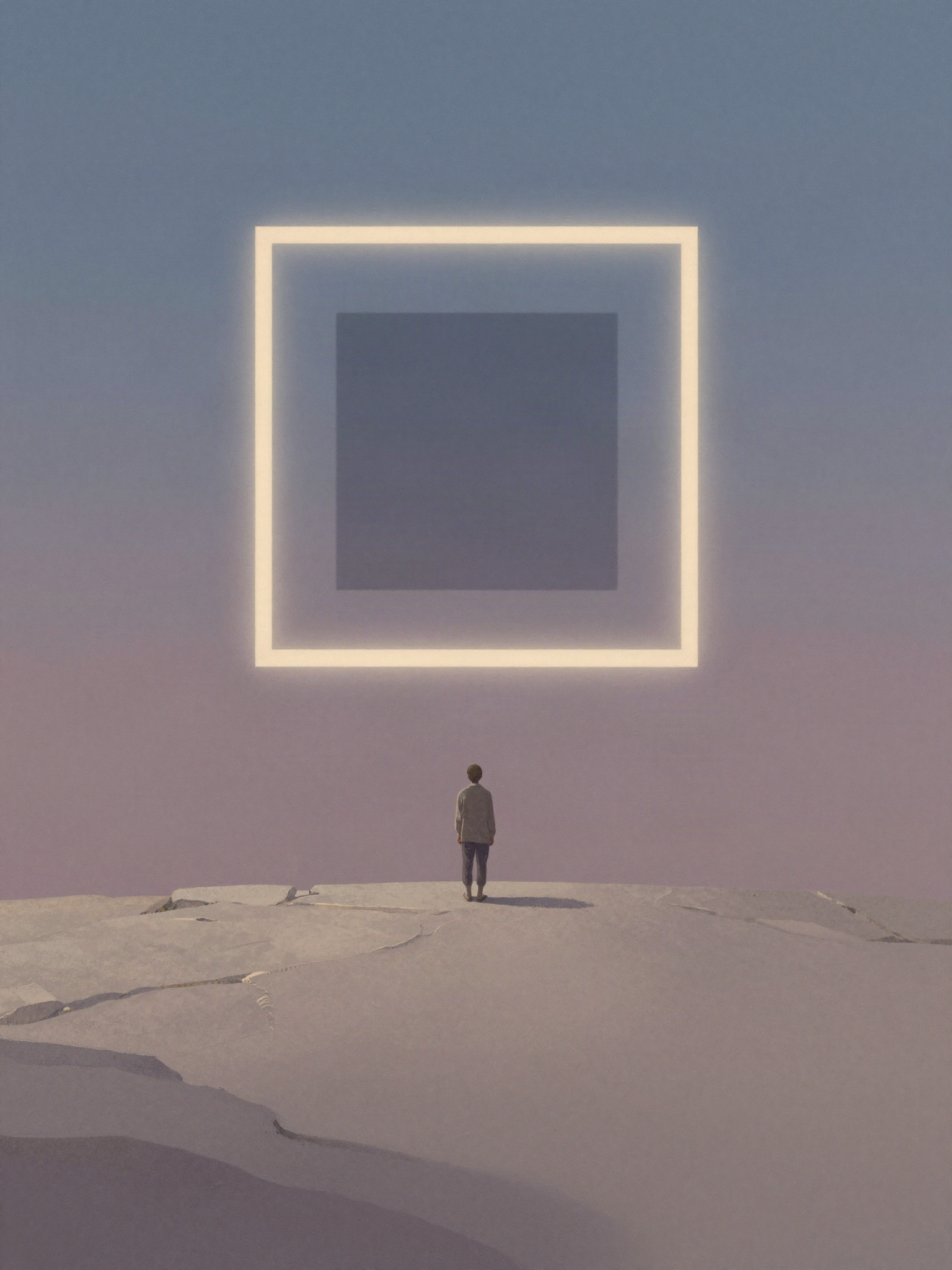 A lone figure on a pale plateau at dusk looks up at a vast floating square frame of light.